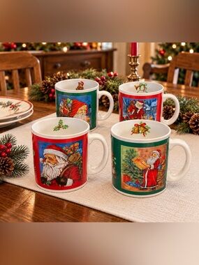 VTG Set of 4 Old World Santa Christmas Mugs W/Box.